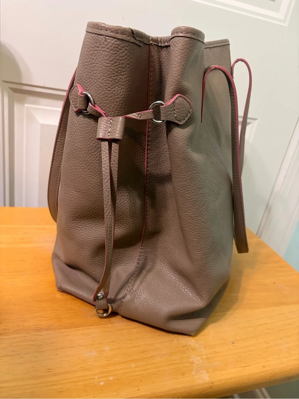 Lodis Taupe Leather Tote with Pink Trim and Matching Wristlet